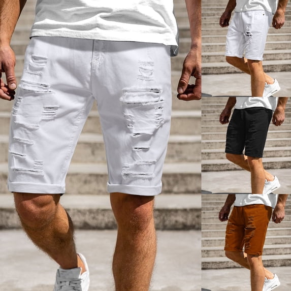 Xcmzpl Ripped Shorts for Men Casual Rolled Knee Length Shorts Elastic Waist Solid Boyfriend Shorts Retro Streetwear Shorts
