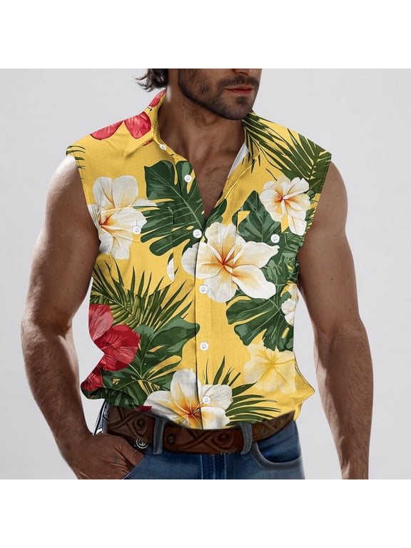 Sleeveless Button Down Shirts for Men Lapel Collar Hawaiian Beach Tank Tops Casual Loose Summer T Shirts with Pocket S-3XL