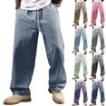 thumbnail image 1 of Xcmzpl Striped Linen Pants for Men Big and Tall Drawstring Elastic Waist Baggy Straight Wide Leg Pants Lightweight Summer Trousers with Pocket, 1 of 9