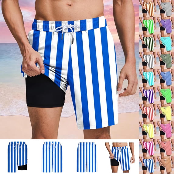 Xcmzpl Striped Swim Trunks for Men with Liner and Pockets Elastic Waist Drawstring Beach Board Shorts Color Block Summer Going Out Shorts