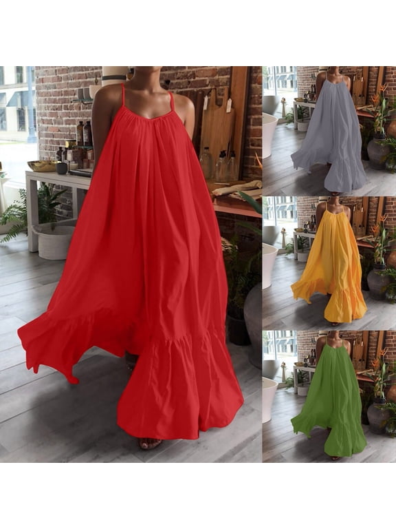 Summer Dresses for Women Backless V Neck Spaghetti Strap Loose Flowy Midi Cami Dresses Plus Size Beach Vacation Dresses Outfits