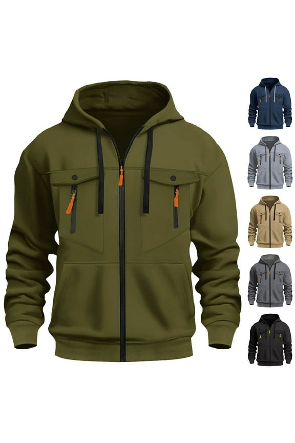 Tactical Military Jackets Mens Full Zip Cargo Sweatshirts Long Sleeve Fleece Lined Jacket Coats Solid Outerwear with Pocket