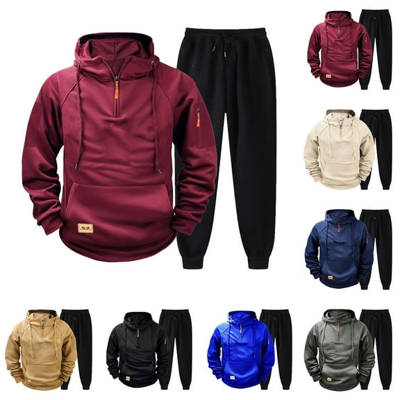 Xcmzpl Tactical Military Sweatsuits Men Solid Cargo Tracksuits 2 Piece Sets Quarter Zip Hoodies Joggers Sweatpants with Pockets