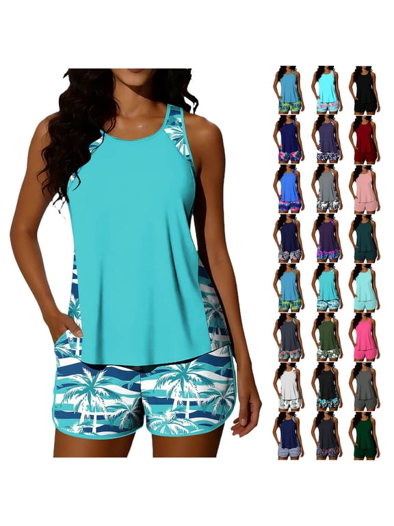 Tankini Swimsuits for Women Tummy Control Two Piece Bathing Suits with Sporty Pockets Swim Shorts Floral Beachwear Swimwear