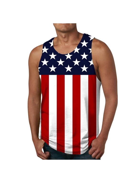 USA Flag Print Men's Sleeveless Tank Tops Soft Comfy Stretch Crewneck Shirts for 4th of July Gym Casual Outings