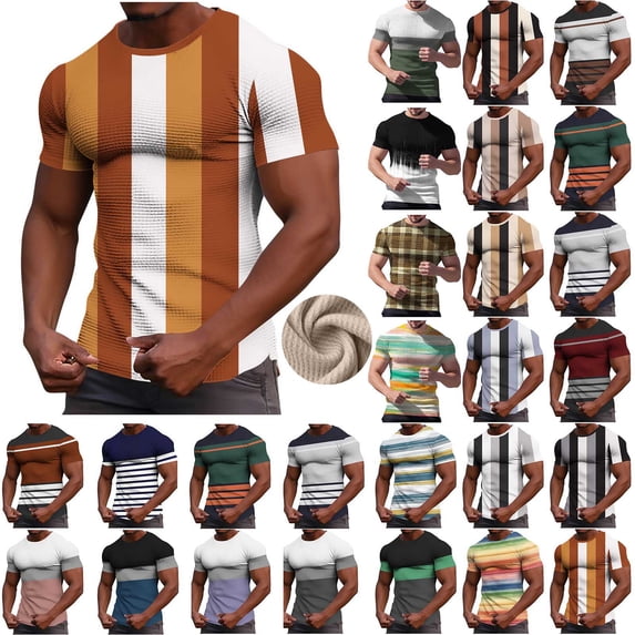 Xcmzpl Waffle Knit Shirts for Men Big and Tall Short Sleeve Crewneck Muscle Slim Fitted T Shirts Vintage Striped Color Block Tees