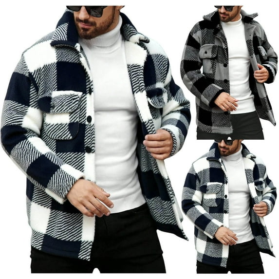 Xcmzpl Winter Coats Mens Wool Blend Plaid Shacket Jackets Lapel Collar Button Down Jacket Coats Warm Thicken Outwear with Pocket