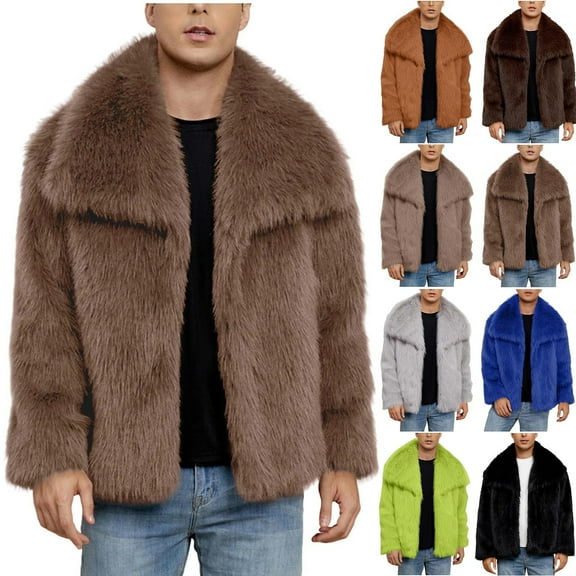 Xcmzpl Winter Coats for Men Faux Fur Jackets Open Fornt Lapel Collar Warm Outwear Solid Thick Fluffy Furry Jacket Coats