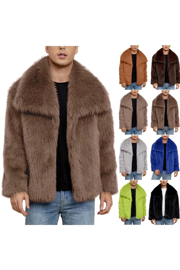Winter Coats for Men Faux Fur Jackets Open Fornt Lapel Collar Warm Outwear Solid Thick Fluffy Furry Jacket Coats