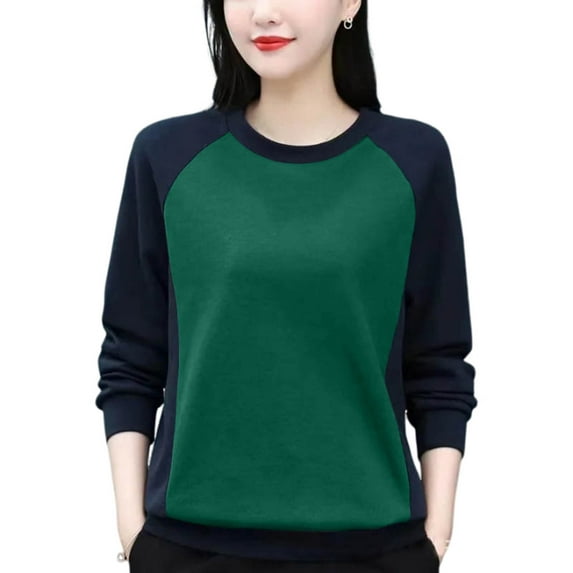 Xcmzpl Women's Fleece Sweatshirts Plus Size Color Block Round Neck Sweatshirt Travel Sweater Tops Workout Long Sleeve Shirts Winter Fashion