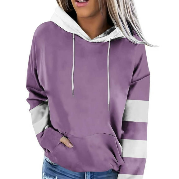 Xcmzpl Women's Hoodies Basic Color Block Hooded Sweatshirt Trendy Pullover Tops Dressy Casual Long Sleeve Shirts Fall Fashion