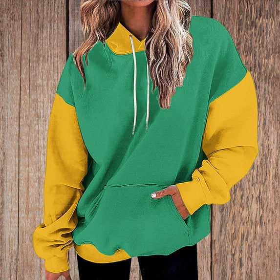Xcmzpl Women's Hoodies Casual Color Block Hooded Sweatshirt Oversized Pullover Tops Dressy Casual Long Sleeve T-shirts Fall Clothes