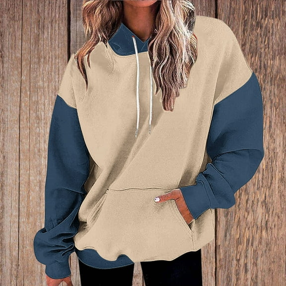 Xcmzpl Women's Hoodies Casual Color Block Hooded Sweatshirt Oversized Pullover Tops Dressy Casual Long Sleeve T-shirts Fall Clothes