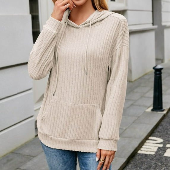 Xcmzpl Women's Knit Hoodies Plus Size Solid Color Hooded Sweatshirt Travel Pullover Tops Dressy Casual Long Sleeve Blouses Early Fall Fashion