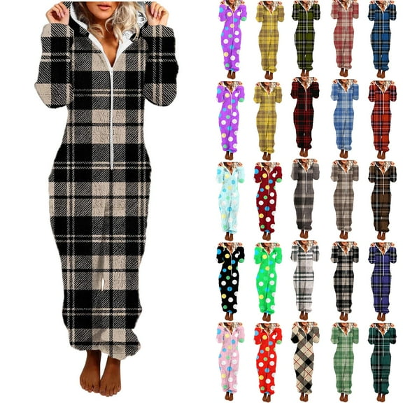 Xcmzpl Women's Onesies Pajamas Sherpa Fleece One Piece Romper Zipper Cute Hooded Jumpsuit Flannel Palid Pajama Loungewear Pjs