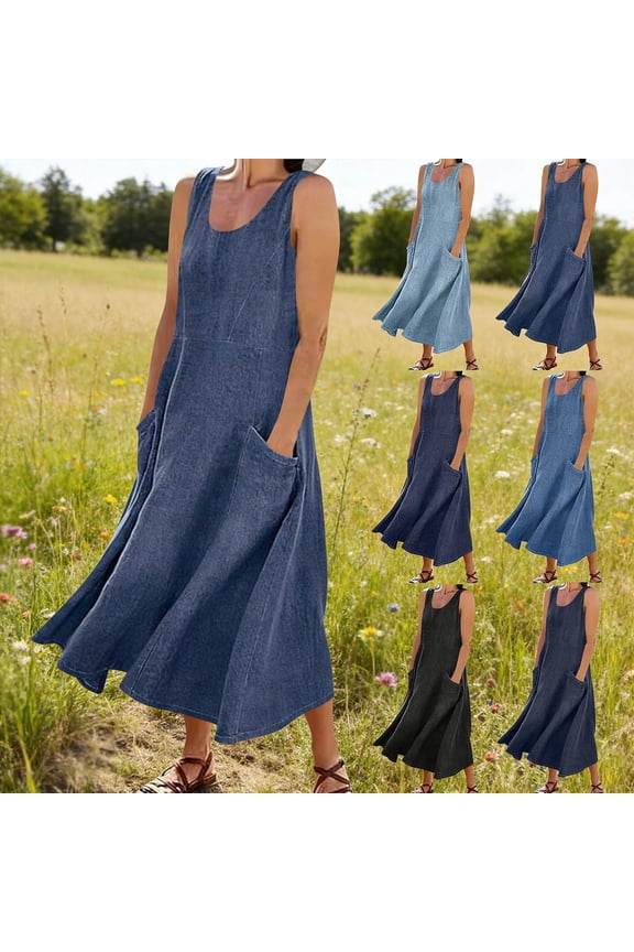 Women's Summer Casual Sleeveless Linen Sun Dress Midi Tunic Tank Beach Dress with Pocket Vestido Tipo A Light Blue XXL