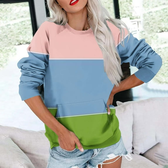 Xcmzpl Women's Sweatshirts Basic Color Block Crewneck Sweatshirt Fashion Pullover Tops Work Long Sleeve T-shirts Winter Fashion