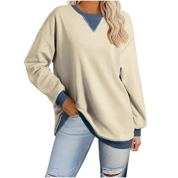 Xcmzpl Women's Sweatshirts Casual Color Block Crewneck Sweatshirt Lightweight Sweater Tops Cotton Long Sleeve Shirts Fall Fashion