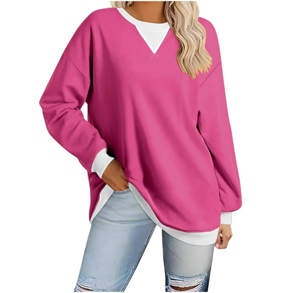 Xcmzpl Women's Sweatshirts Casual Color Block Crewneck Sweatshirt Lightweight Sweater Tops Cotton Long Sleeve Shirts Fall Fashion
