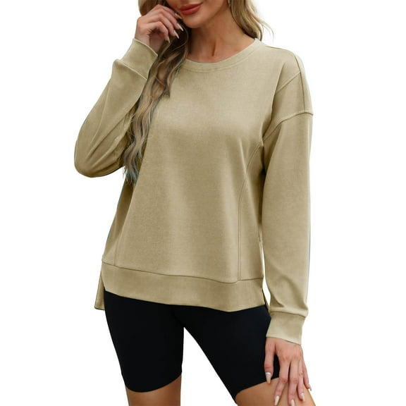 Xcmzpl Women's Sweatshirts Casual Solid Color Crewneck Sweatshirt Trendy Pullover Tops Dressy Casual Long Sleeve Blouses Fall Fashion
