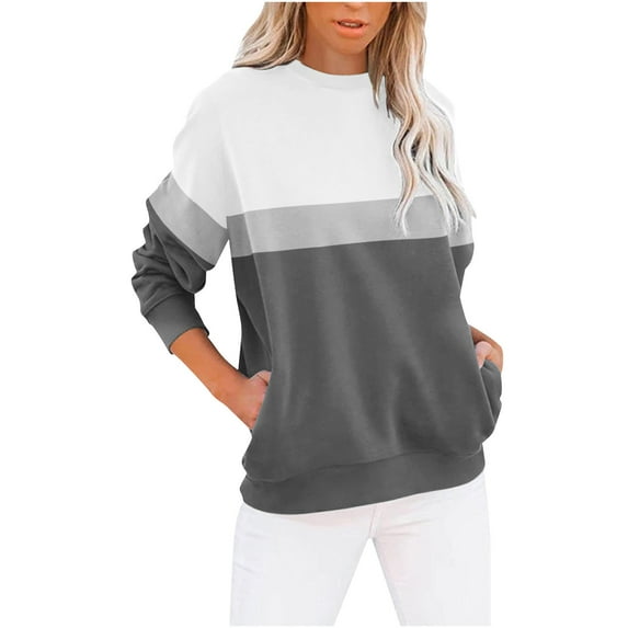 Xcmzpl Women's Sweatshirts Cute Color Block Round Neck Sweatshirt Lightweight Pullover Tops Work Long Sleeve T-shirts Fall Clothes