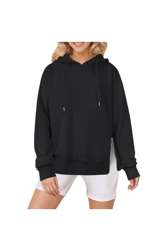 Women's Zip Up Hoodies Cute Solid Color Hooded Sweatshirt Trendy Sweater Tops Work Long Sleeve Blouses Winter Fashion