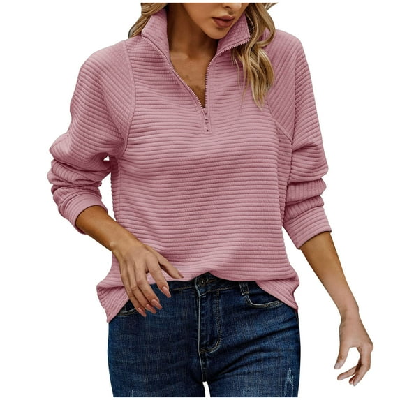 Xcmzpl Women's Zip Up Sweatshirts Loose Fit Solid Color Crewneck Sweatshirt Oversized Pullover Tops Soft Long Sleeve T-shirts Winter Fashion