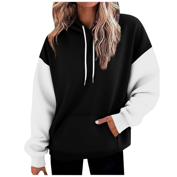 Xcmzpl Womens Hoodies Loose Fit Color Block Hooded Sweatshirt Holiday Pullover Tops Tunic Long Sleeve T-shirts Early Fall Fashion