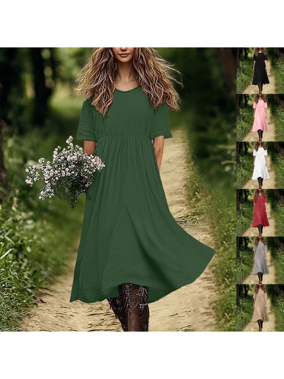 Womens Summer Cotton Linen T Shirt Dress Casual Loose Fit Crewneck Short Sleeve Midi Dresses Solid Tunics Dresses Vestido Army Green XL
