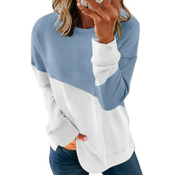 Xcmzpl Womens Sweatshirts Basic Color Block Crewneck Sweatshirt Trendy Pullover Tops Cotton Long Sleeve Shirts Fall Clothes