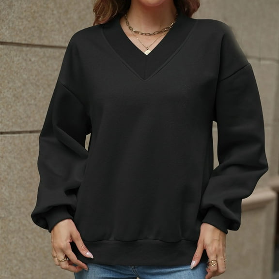 Xcmzpl Womens Sweatshirts Basic Solid Color V Neck Sweatshirt Trendy Sweater Tops Comfort Long Sleeve T-shirts Winter Fashion