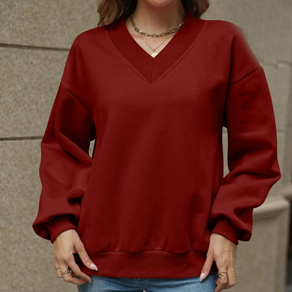 Xcmzpl Womens Sweatshirts Basic Solid Color V Neck Sweatshirt Trendy Sweater Tops Comfort Long Sleeve T-shirts Winter Fashion