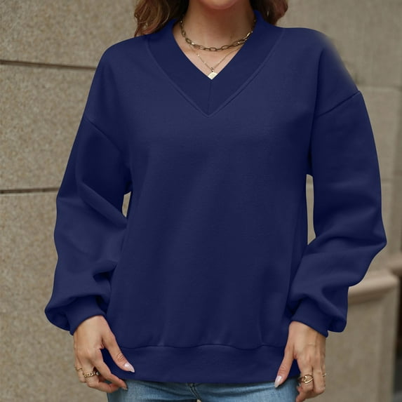 Xcmzpl Womens Sweatshirts Basic Solid Color V Neck Sweatshirt Trendy Sweater Tops Comfort Long Sleeve T-shirts Winter Fashion