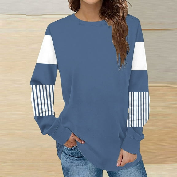 Xcmzpl Womens Sweatshirts Casual Color Block Crewneck Sweatshirt Lightweight Sweater Tops Cotton Long Sleeve Shirts Winter Fashion