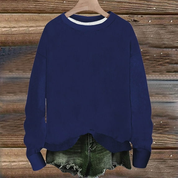 Xcmzpl Womens Sweatshirts Casual Solid Color Round Neck Sweatshirt Holiday Pullover Tops Dressy Casual Long Sleeve Shirts Fall Fashion