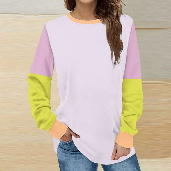 Xcmzpl Womens Sweatshirts Cute Color Block Round Neck Sweatshirt Fashion Sweater Tops Workout Long Sleeve Shirts Fall Clothes
