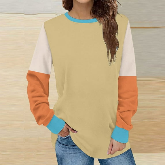 Xcmzpl Womens Sweatshirts Cute Color Block Round Neck Sweatshirt Fashion Sweater Tops Workout Long Sleeve Shirts Fall Clothes