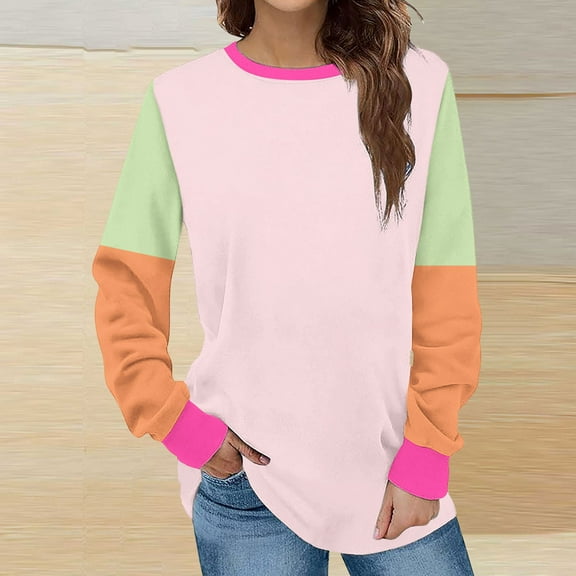 Xcmzpl Womens Sweatshirts Cute Color Block Round Neck Sweatshirt Fashion Sweater Tops Workout Long Sleeve Shirts Fall Clothes