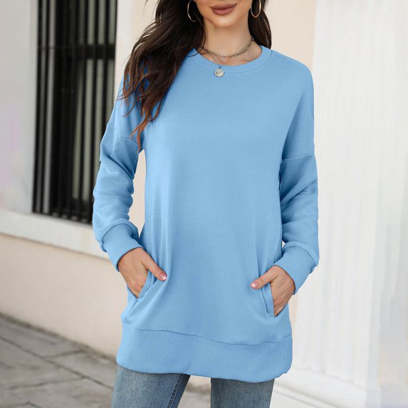 Xcmzpl Womens Sweatshirts Cute Solid Color Crewneck Sweatshirt Fashion Sweater Tops Cotton Long Sleeve Shirts Winter Fashion
