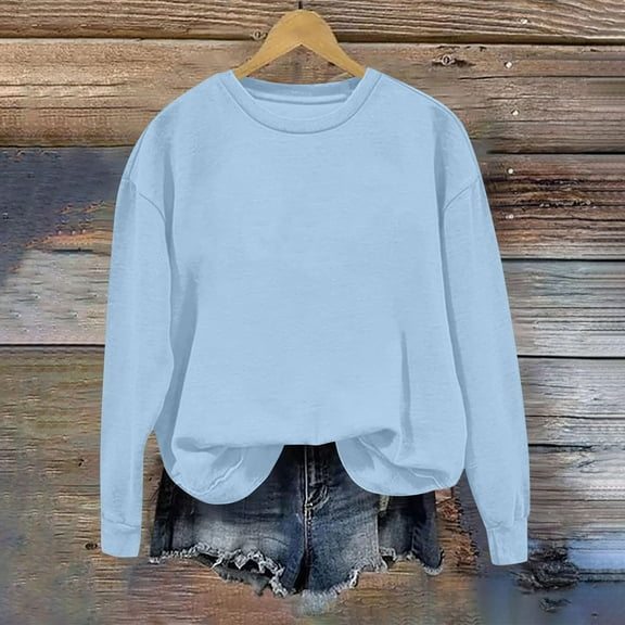 Xcmzpl Womens Sweatshirts Cute Solid Color Round Neck Sweatshirt Lightweight Pullover Tops Dressy Casual Long Sleeve Shirts Fall Fashion