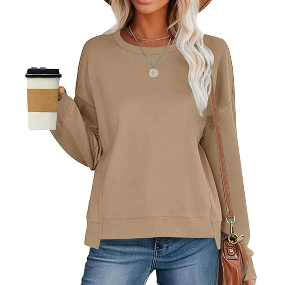 Xcmzpl Womens Sweatshirts Loose Fit Solid Color Crewneck Sweatshirt Holiday Pullover Tops Soft Long Sleeve Shirts Winter Fashion