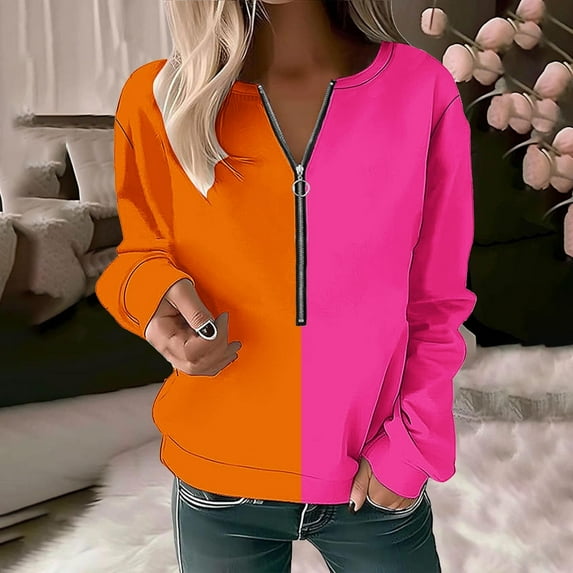 Xcmzpl Womens Zip Up Sweatshirts Casual Color Block Round Neck Sweatshirt Holiday Sweater Tops Tunic Long Sleeve Shirts Fall Clothes