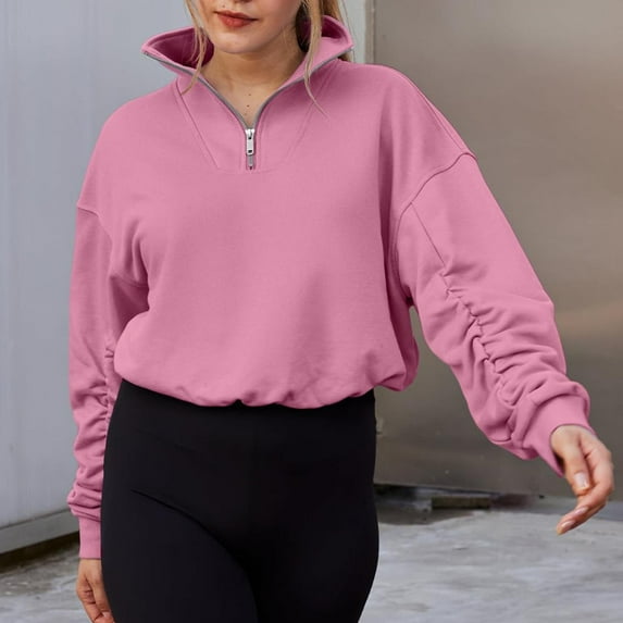 Xcmzpl Womens Zip Up Sweatshirts Plus Size Solid Color V Neck Sweatshirt Trendy Sweater Tops Soft Long Sleeve T-shirts Fall Fashion