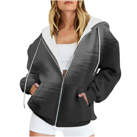 Xcmzpl Zip Up Hoodies for Women Loose Fit Color Block Hooded Sweatshirt Trendy Sweater Tops Comfort Long Sleeve T-shirts Early Fall Fashion