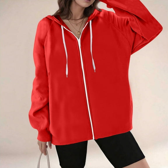 Xcmzpl Zip Up Hoodies for Women Loose Fit Solid Color Hooded Sweatshirt Travel Pullover Tops Cotton Long Sleeve Blouses Winter Fashion