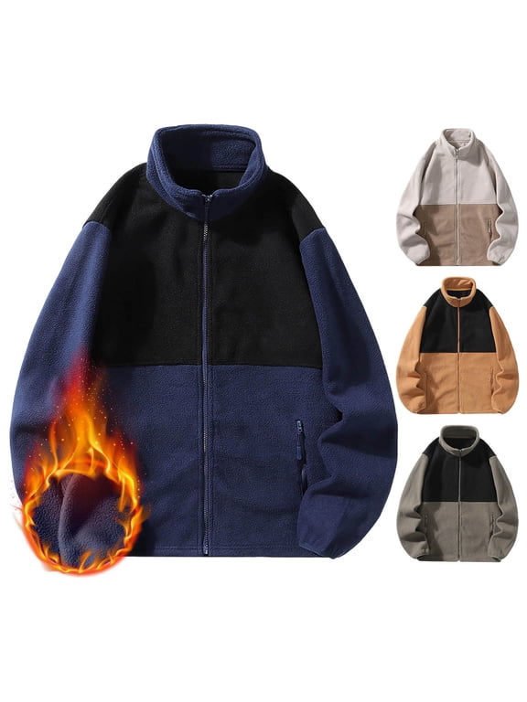 Zip Up Sweatshirts for Men Big and Tall Fleece Jackets Long Sleeve Color Block Sweatshirt Coats Warm Thermal Jacket Coat Zipper Pocket