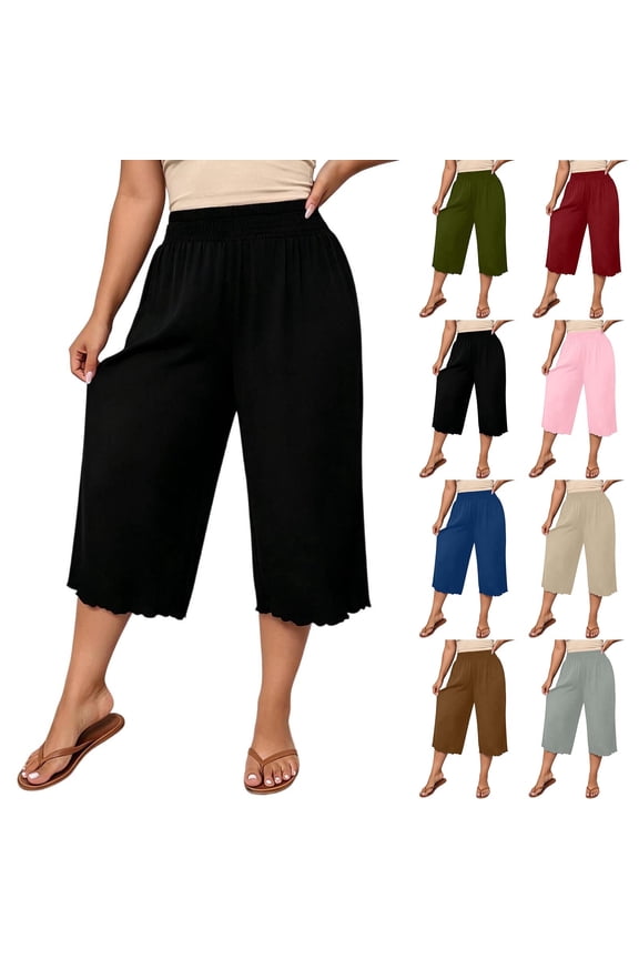 mens Plus Size Capri Pants Lettuce Hem Elastic High Waist Wide Leg Palazzo Casual Trousers with Pockets Spring Clothes Pink L