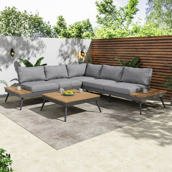 Xcnengy 4-Person Outdoor Sectional Sofa Set, Mid-Century Modern Patio Furniture with Cushions, Water-Resistant, UV Resistant Frame, Aluminum Grey Natural, Includes Side Tables