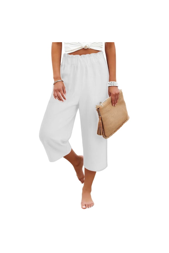 Women's Wide Leg Culottes Cropped Pants Loose Fit Casual Elastic High Waist Trousers Comfortable Breathable Fashion Lounge Pants for Summer Vacation