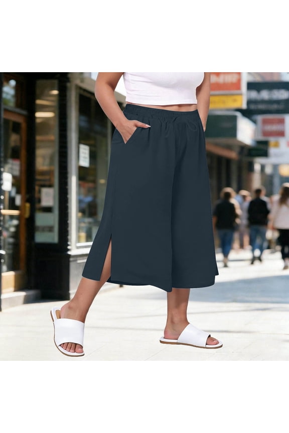 Women's Wide Leg Culottes Side Slit Cropped Pants Cotton Linen Summer Beach Trousers Casual Loose Fit Comfortable Breathable Fashion Vacation Slacks